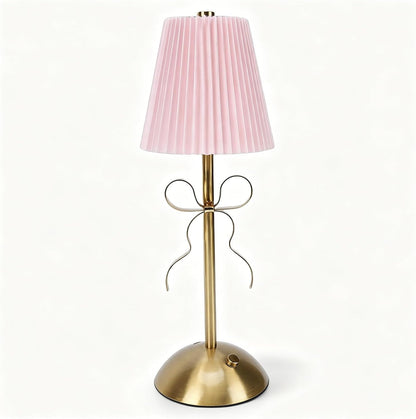 Cordless Table Lamp, 13 Inch Bow Table Lamp, Small Desk Lamp with Fabric Shade, Modern Decorative Bedside Light Small Princess Desk Lighting for Girls Room Princess Room Bedrooms (Pink)