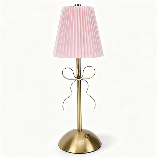 Cordless Table Lamp, 13 Inch Bow Table Lamp, Small Desk Lamp with Fabric Shade, Modern Decorative Bedside Light Small Princess Desk Lighting for Girls Room Princess Room Bedrooms (Pink)