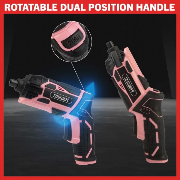 Electric Screwdriver Cordless Drill with Battery and Charger - 45-Piece Cordless Screwdriver Set with LED Light, USB Cable, Dual Position Screw Gun and Bits for Home, Office and DIY by Stalwart (Pink)