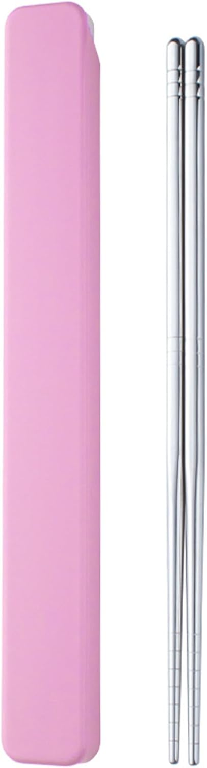 Metal Chopsticks 1 Pair Reusable Chopsticks Stainless Steel Chopsticks with Pull Design Case Portable Utensil for School Home Office Camp Travel Bento Box (Pink)