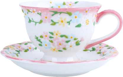 Handmade Ceramic Cup and Saucer Set, 7 Oz Flower Bone China Cappuccino & Tea & Latte Coffee Cup For Women Tea Party & Christmas & Mother's Day(1 Set, Pink)