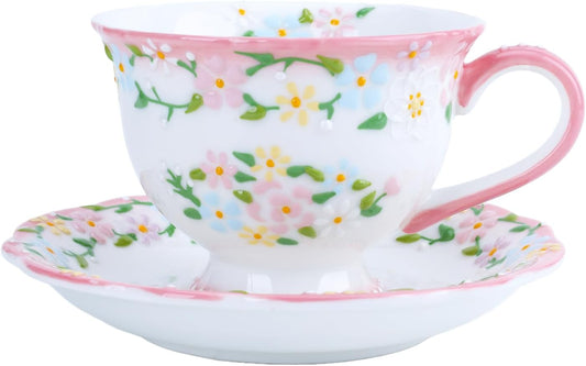 Handmade Ceramic Cup and Saucer Set, 7 Oz Flower Bone China Cappuccino & Tea & Latte Coffee Cup For Women Tea Party & Christmas & Mother's Day(1 Set, Pink)