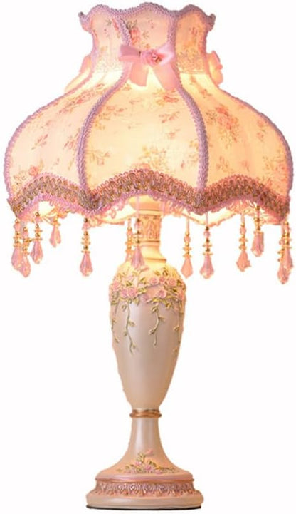 Night Stand Lamp Single Bulb Desk lamp Romantic Pastoral Scalloped Dress Fabric with Braided Trim Table Light Bedside Lamp -Pink