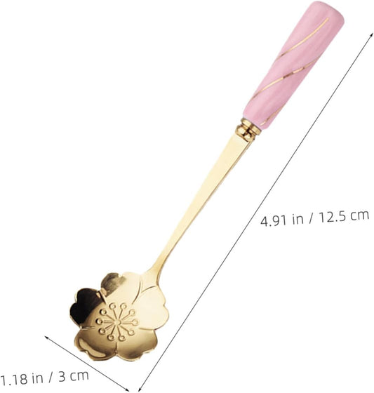 Healifty 4pcs Dessert Spoons with Ceramic Flower Handles Practical Cake and Coffee Spoons Elegant Rounded Handle Design for Home Coffee Shops and Bars Pink Gold
