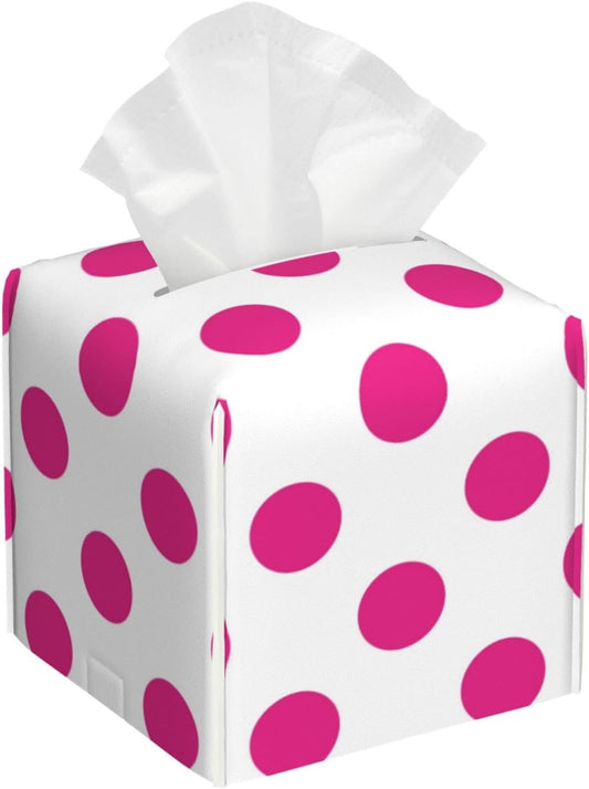 Decorative Tissue Box Cover Square - Hot Pink Polka Dot Pattern Print Leather Cube Tissue Box Holder Paper Case, Organizer Dispenser for Modern Home & Room/Office/Bathroom Decor Aesthetic