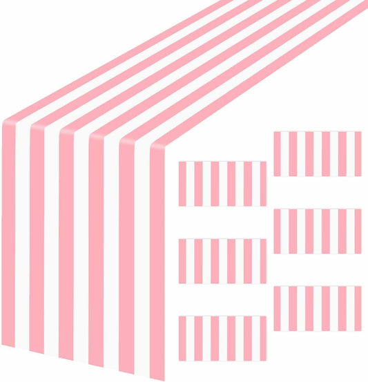 6 Pcs Striped Table Runner Plastic 14 x 108 Inch Disposable Light Pink and White Runner for Table Wedding Baby Shower Birthday Tabletop Centerpieces Decorations Striped Table Runners