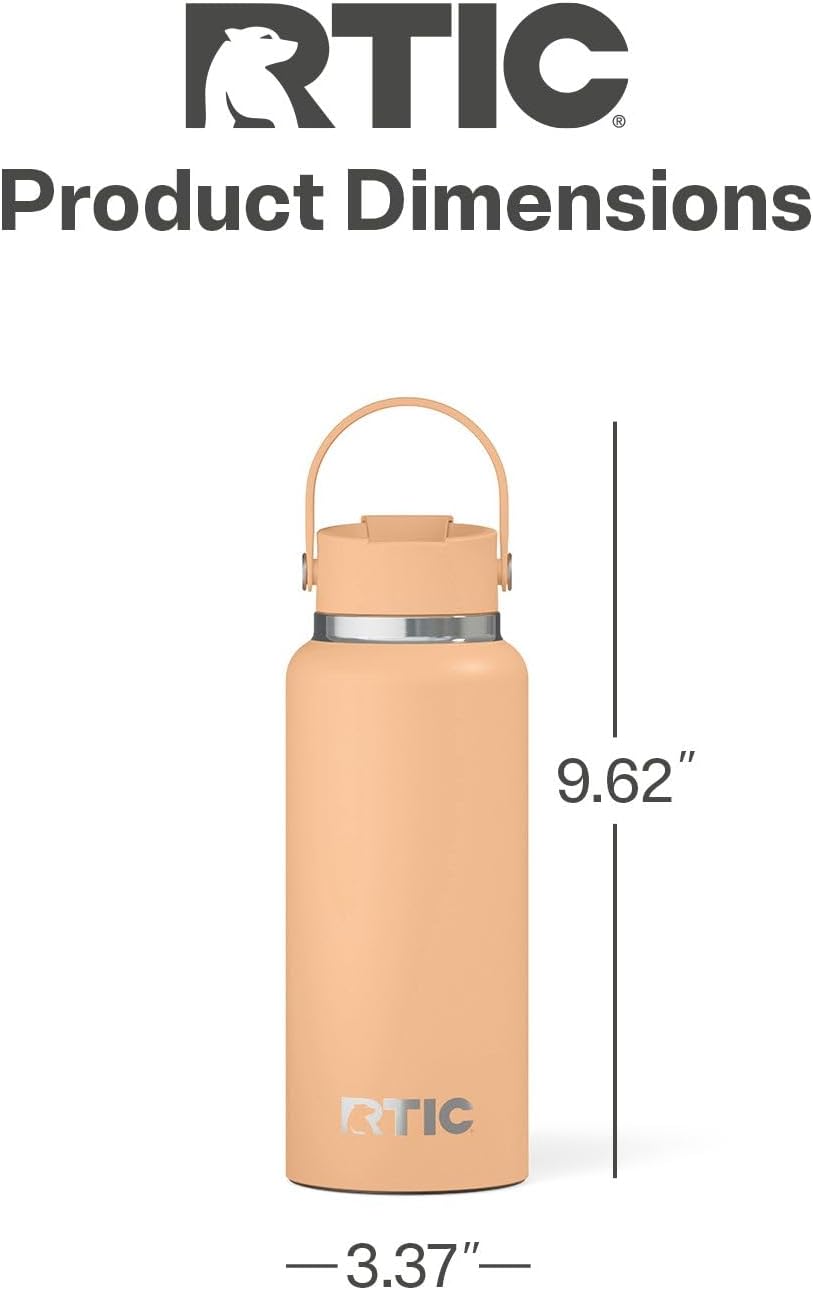 RTIC 32oz Outback Water Bottle, Ceramic Lined, Insulated, Stainless Steel, Double Wall Vacuum-Insulation, Leak-Proof Lid, BPA-Free Water Flask Hiking, Running, Sports, Outdoor, Peach Tea