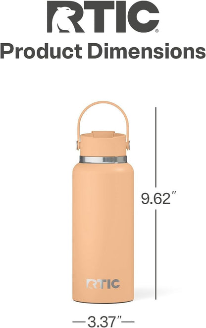 RTIC 32oz Outback Water Bottle, Ceramic Lined, Insulated, Stainless Steel, Double Wall Vacuum-Insulation, Leak-Proof Lid, BPA-Free Water Flask Hiking, Running, Sports, Outdoor, Peach Tea