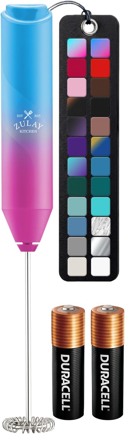 Zulay Kitchen Powerful Milk Frother AA Batteries Included – Ultra Fast Handheld Drink Mixer with Stainless Steel Whisk Stirrer for Coffee, Protein, Matcha & More, Frother Wand Electric Frothmate