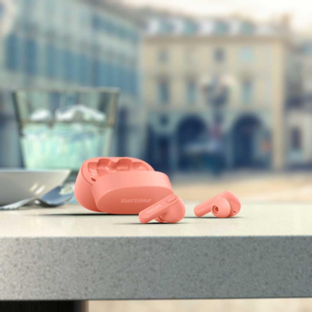 PHILIPS Earbuds, Splash and Sweat Resistant, Bluetooth, Up to 18 Hours Play Time, Soft Silicone Ear-Tip Covers in 3 Sizes, Built in Mic, Classic Design and Comfortable Fit Pink