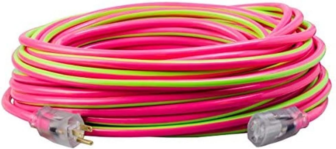 Southwire Heavy Duty Extension Cord, 100Ft, 12 Gauge, 3 Conductor, Neon Extension Cord, SJTW, Pink and Green, 2549SW0077