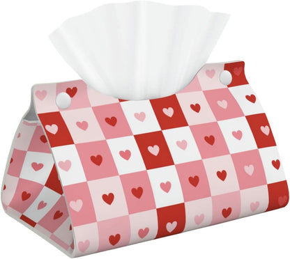 Checkerboard Valentine Squares Pink Hearts Tissue Box Cover Rectangle Pu Leather Tissue Box Holder for Car Bathroom Bedroom Desk Tabletop Decor