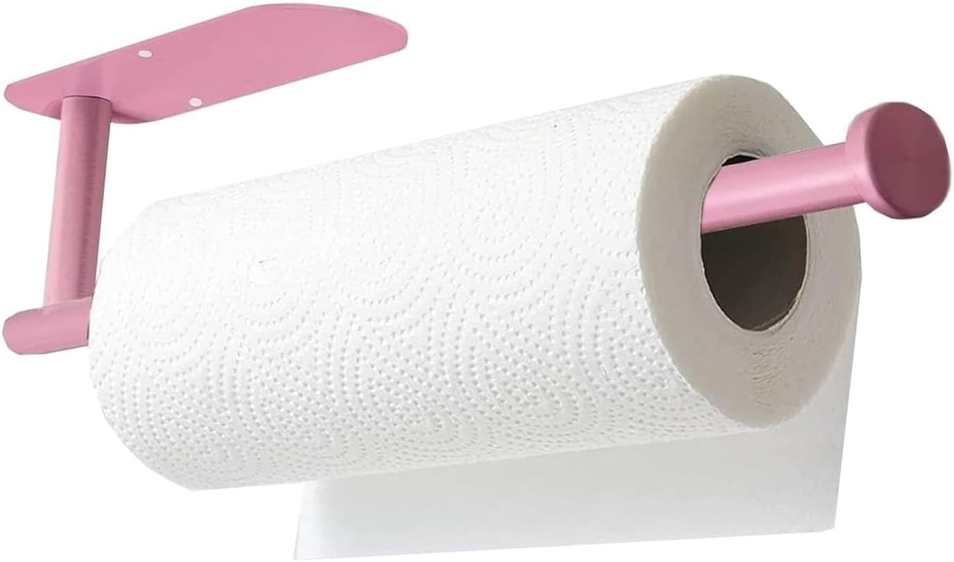 Pink Paper Towel Holder - Self Adhesive or Drilling, Under Cabinet or Wall Mounted