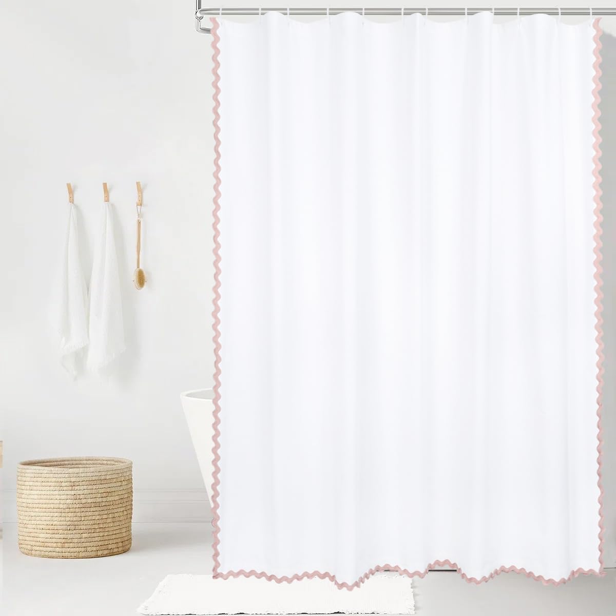 YINFUNG Scalloped Shower Curtain Pink White Cotton Bathroom Curtains Textured Thick Heavy Duty Cloth Hotel Rustic Girly Neutral 72x72