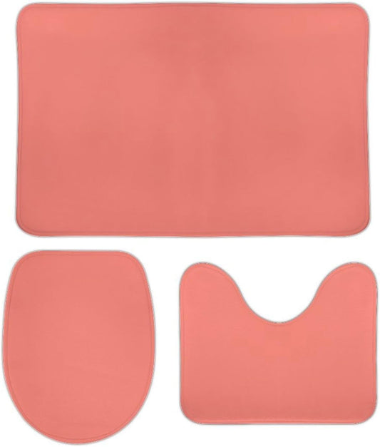 3 Pieces Bath Rug Sets, Coral Pink Solid Color Bathroom Mat Set Non Slip U Shaped Contour Rug & Toilet Lid Cover