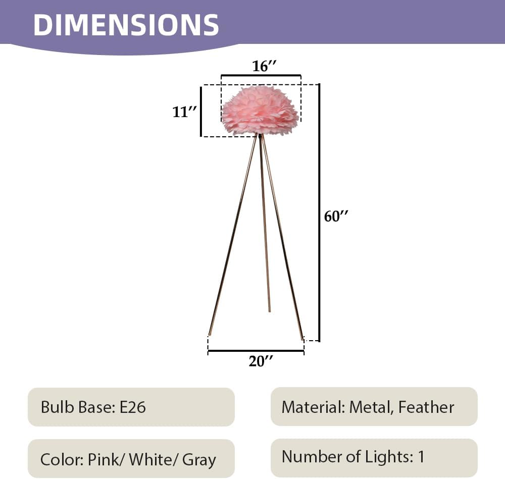Meefad Feather Floor Lamp Metal Tripod Floor Lamp Modern Standing Light with Pink Feather Shade Elegant Floor Reading Lamp for Study Room Bedroom Living Room