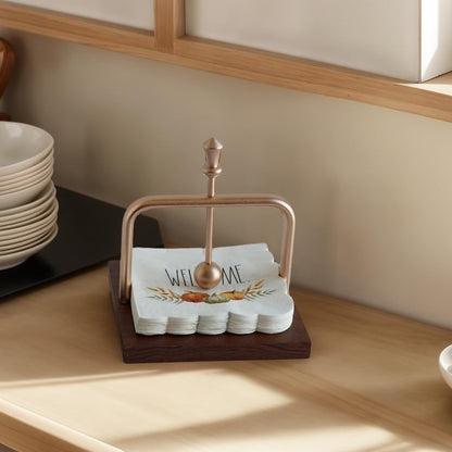 Wood Cocktail Napkin Holder for table, beverage napkin holder with Weighted Metal Arm for Stability, Ideal for Restaurants, Bars, Kitchens, Cafes Indoor/Outdoor Use (Rose Gold)