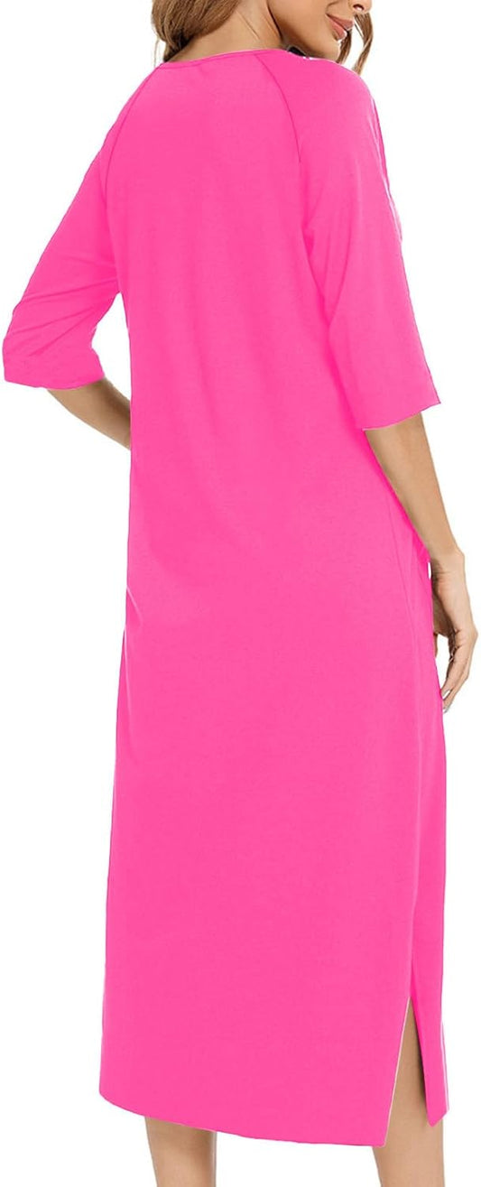 Lightweight Long Housecoats for Women 3/4 Sleeve Front Zipper Bathrobes Loose Lounge Loungewear Nightgown with Pocket