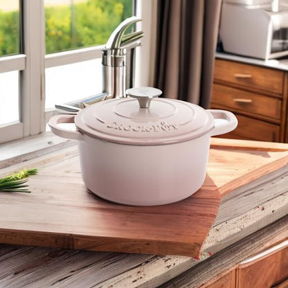 3 Quart Enameled Cast Iron Dutch Oven with Lid – Round Mini Casserole Pot with Self-Basting Cover & Stainless Steel Knob, Even Heat Distribution for Braising, Baking & Simmering (Pink, 3 Quart)