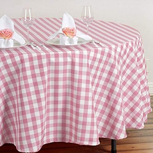BalsaCircle 108-Inch Rose Quartz Pink Round Gingham Checkered Polyester Tablecloth Table Linens Wedding Party Events Decorations
