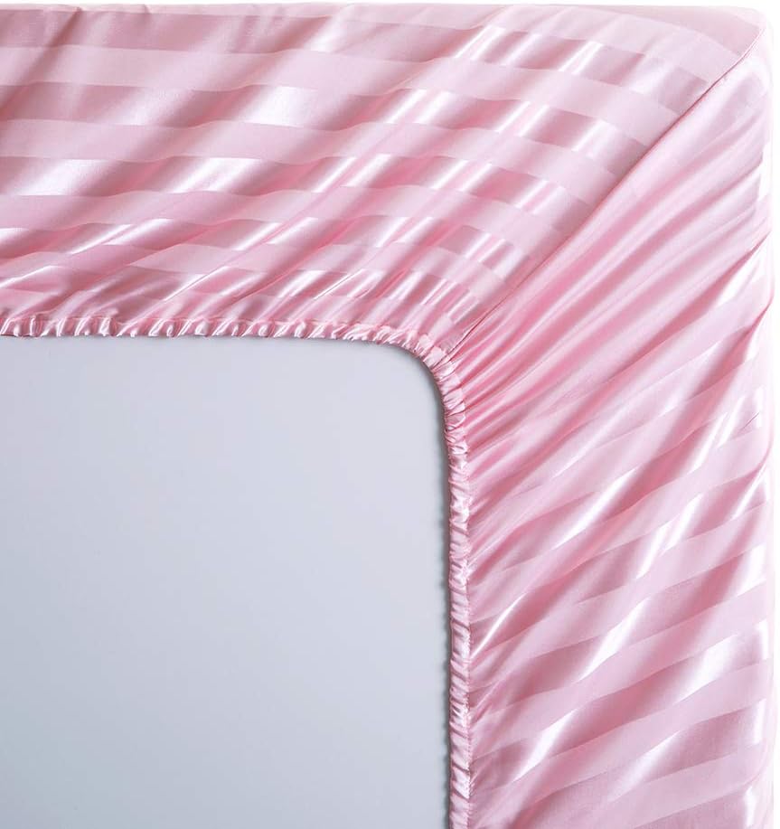 Lanest Housing Satin-Silk Sheets Full Size Bed Set, Pink Soft Cooling Deep Pocket Sheets, Hypoallergenic, Wrinkle and Fade Resistant Bedding Set, Striped