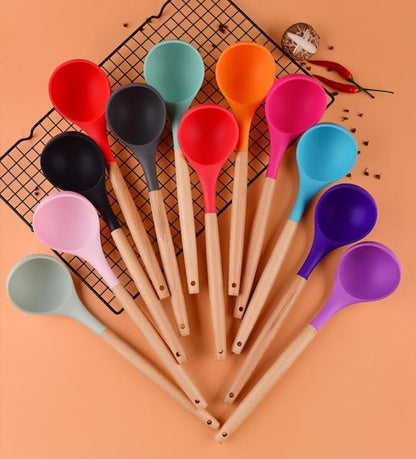 Silicone Soup Ladle - with Wooden Handle, Non-Stick Cookware Heat Resistant Kitchen Utensil (Pink)