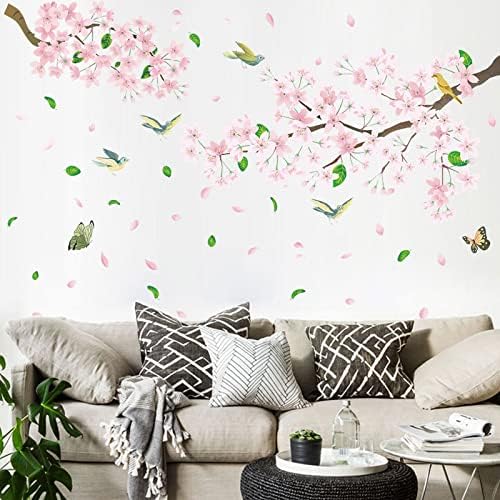 Peach Blossom Flower Wall Decals Pink Floral Bird Tree Branch Wall Sticker Creative Peel and Stick Removable Wall Art Decor for Living Room Bedroom Home Office (PeachBlossom)
