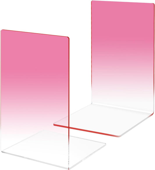 Honagu Book Ends, Acrylic Bookends, Clear Book Ends for Shelves, Desk Book Organizer, Book Holder Stand Decorative for Heavy Books, CDs, Video Games (1 Pair/2 Pieces, Gradient Pink)