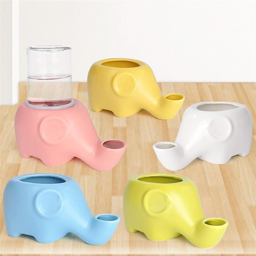REAGAR Ceramic Cat Water Fountain w/Glass Bttle 500ml Automatic Pet Water Dispenser Ultra-Quiet Elephant Shape Pet Drinking Fountain for Cats Dogs - Won't Wet The Chin(Pink)
