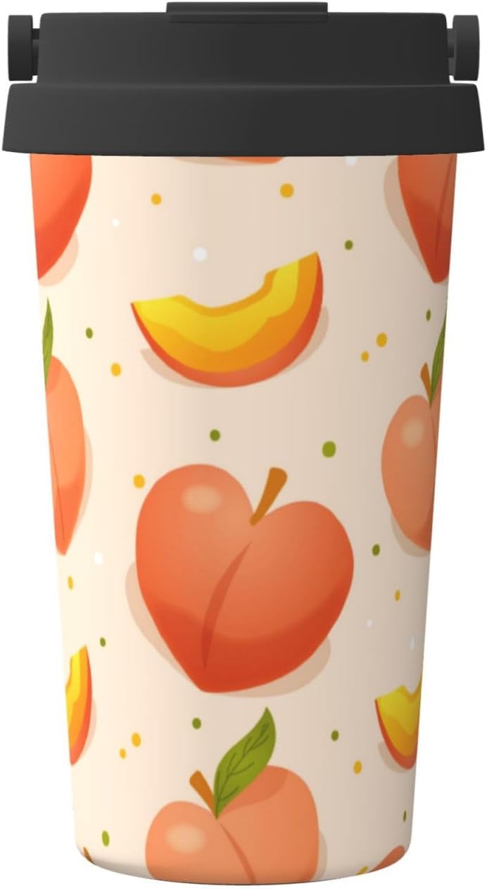 Apricot Peach Fruit Pattern Office Coffee Tumbler | Stainless Steel Travel Coffee Cup Double Wall Insulated Flip Lid Lightweight Portable Driving Mug