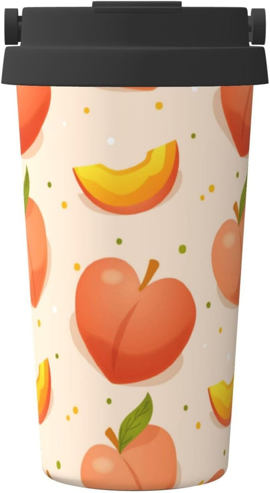 Apricot Peach Fruit Pattern Office Coffee Tumbler | Stainless Steel Travel Coffee Cup Double Wall Insulated Flip Lid Lightweight Portable Driving Mug