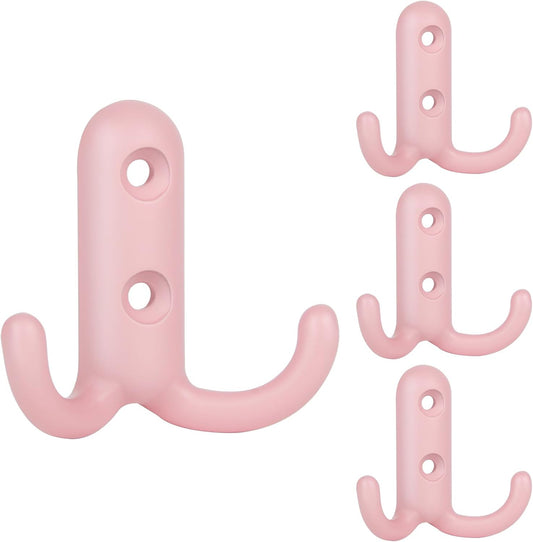 4 Pack Pink Double Prong Coat Hooks with 8 Screws Retro Double Hooks Heavy Duty Hooks for Coat, Scarf, Bag, Towel, Key, Cap, Cup, Hat