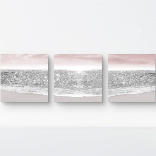 Genius Decor- Bathroom Pictures Glitter Silver Pink Beach Wall Art for Girls Bedroom & Women's Room | Pastel Blush Modern Art Decor | Ocean Themed Sparkle Prints