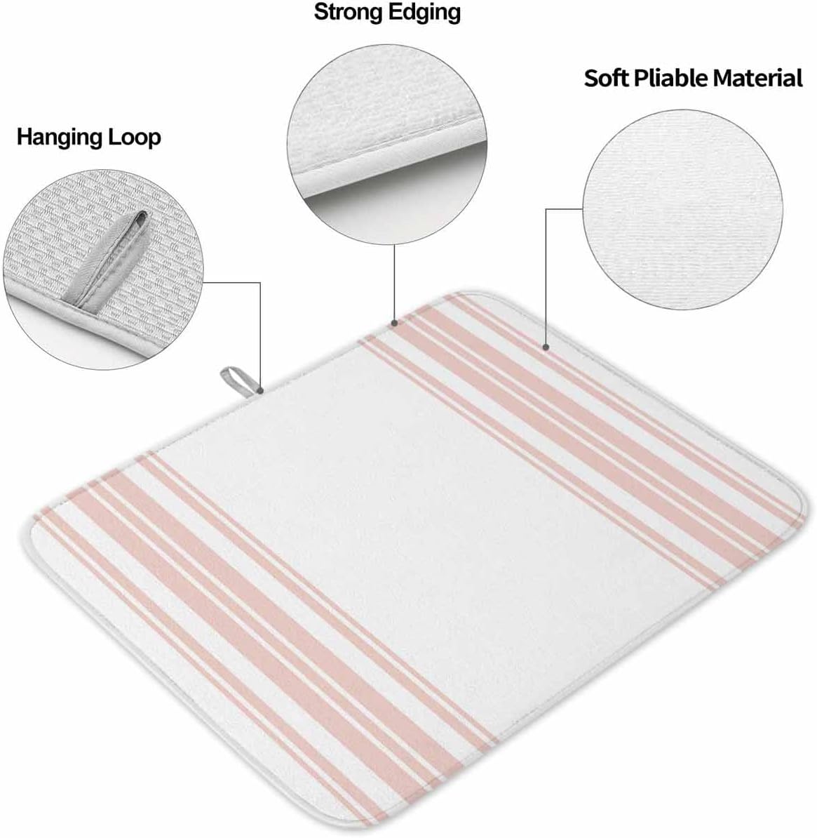 Dish Drying Mat Pink White Stripes Dish Drying Mats for Kitchen Counter Simple Striped Absorbent Microfiber Dish Drying Mat Dish Rack Mat with Hanging Loop, Quick Drying Dish Mat 18*24in