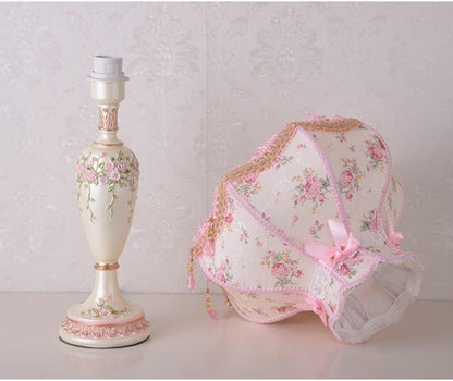 Bedroom Nightstand Princess Pink Table Lamp Handmade Victorian Lace Fabric Lampshade Resin Flower Carved Base