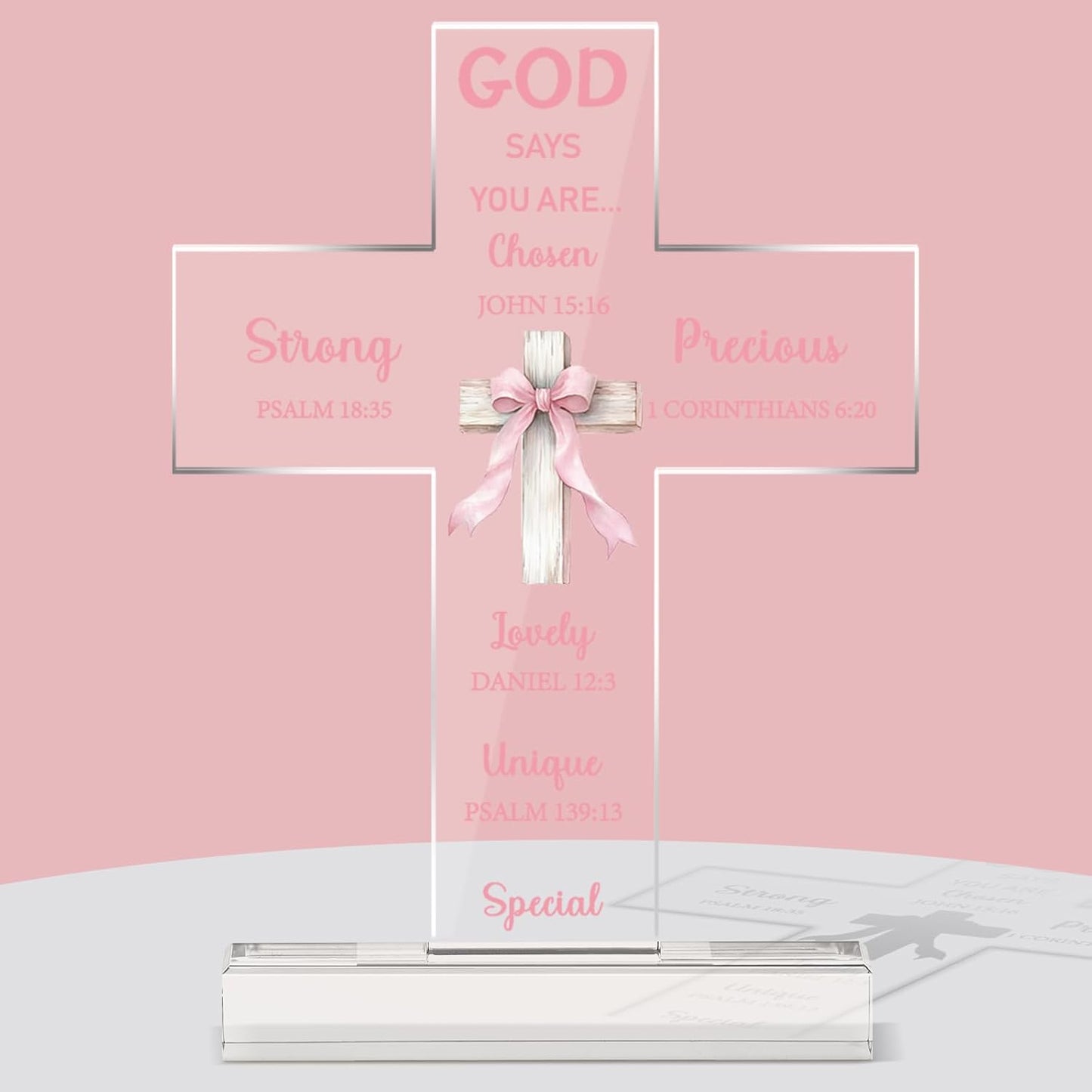 Novabright Pink Bow Room Decor, Pink Bow Christian Acrylic Cross Centerpieces, Inspirational Bible Verse Quotes Gifts for Women, Coquette Centerpieces Decor for Office Desk Accessories(Classic)