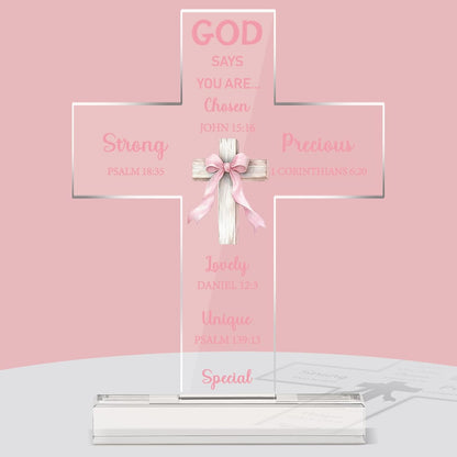 Novabright Pink Bow Room Decor, Pink Bow Christian Acrylic Cross Centerpieces, Inspirational Bible Verse Quotes Gifts for Women, Coquette Centerpieces Decor for Office Desk Accessories(Classic)