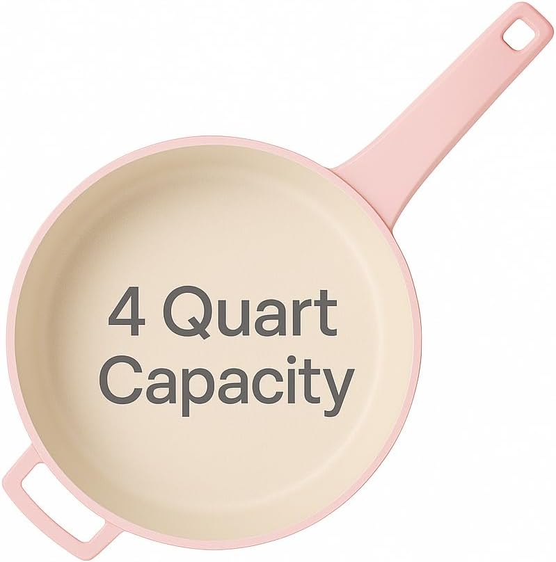 SKYREN 4 Quart Cast Aluminum Jumbo Cooker with Lid – Pink Lightweight Kitchen Pan for Everyday Preparations, Even Heating Base for Stews, Sauces and Cooking Projects