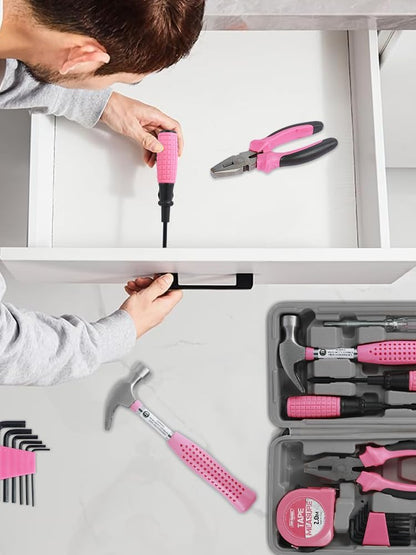 13/24Pcs Household Repair Tool Kit Multi-Purpose Pink Home Hand Tool Set with Storage Case Hammer and Allen Key Set with Electrical Tape Screwdriver Test Pen Plier Bits QUZHEMA_US