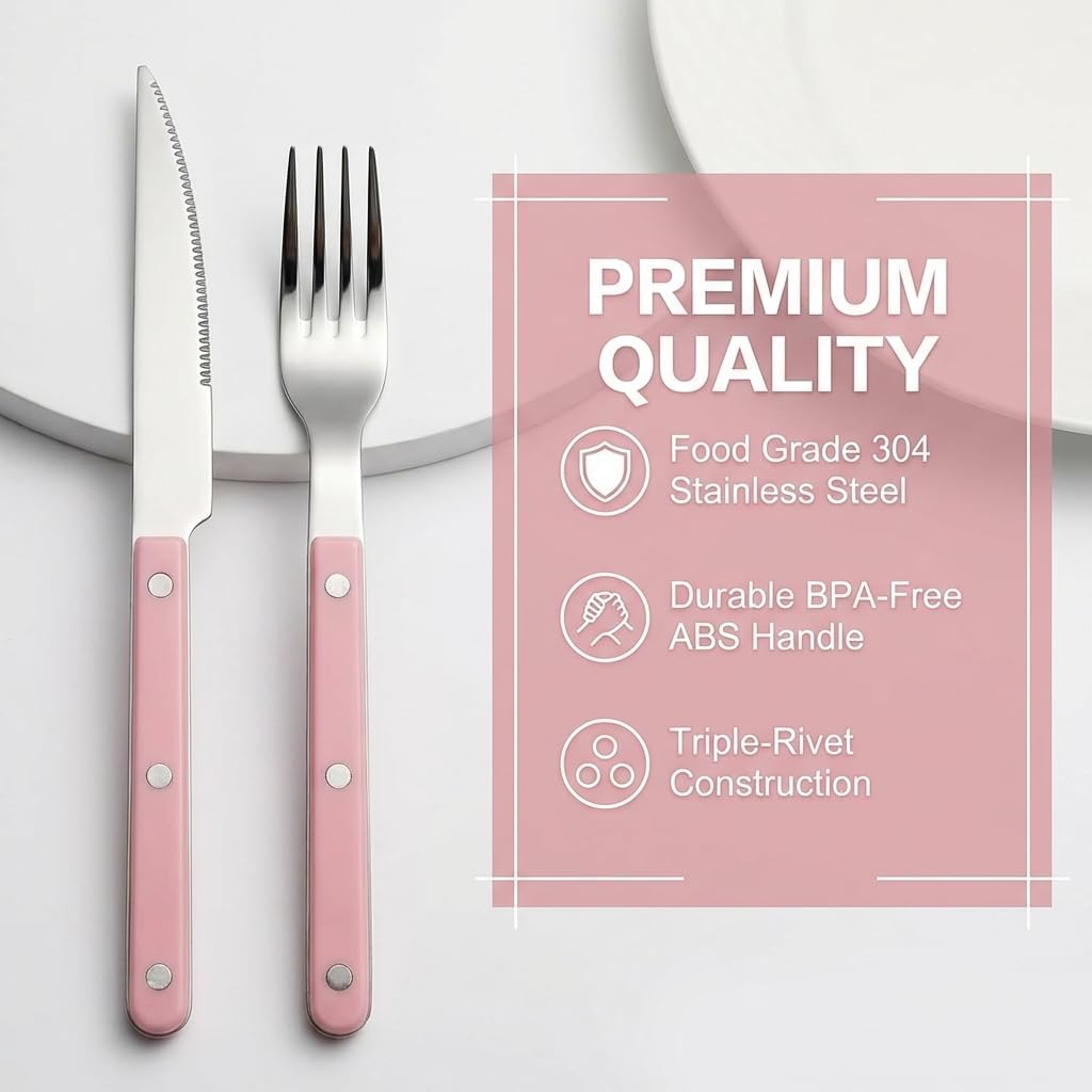 Pink-Color Handle Silverware Set - 6-Piece Stainless Steel Flatware with Steak Knife, Fork, Spoon, Teaspoon, Dessert Fork and Butter Knife - Elegant Tableware Cutlery for Dining (Pink)