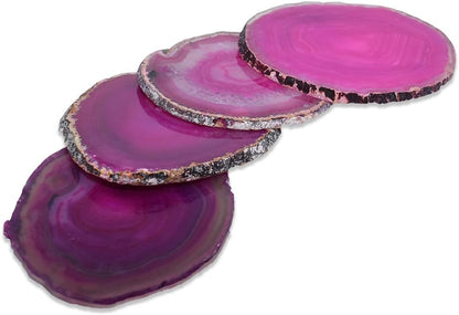 Nature's Decorations Pink Agate Stone Coasters - Set of 4, Polished Geode Drink Mats for Dining & Coffee Table & Kitchen Geode Decor Non-Toxic 3.5-4" Diameter