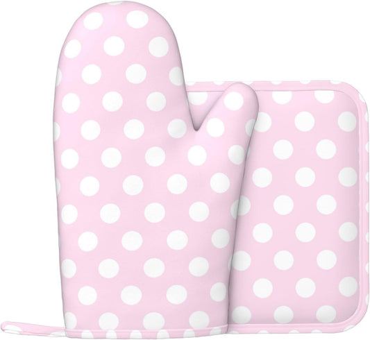 Light Pink Polka Dot Print A Oven Mitts and Pot Holders Sets - Heat Resistant Silicone Oven Mitts Pot Holders for Kitchen Cooking Baking, Non-Slip Ovens Gloves Hot Pads Potholders