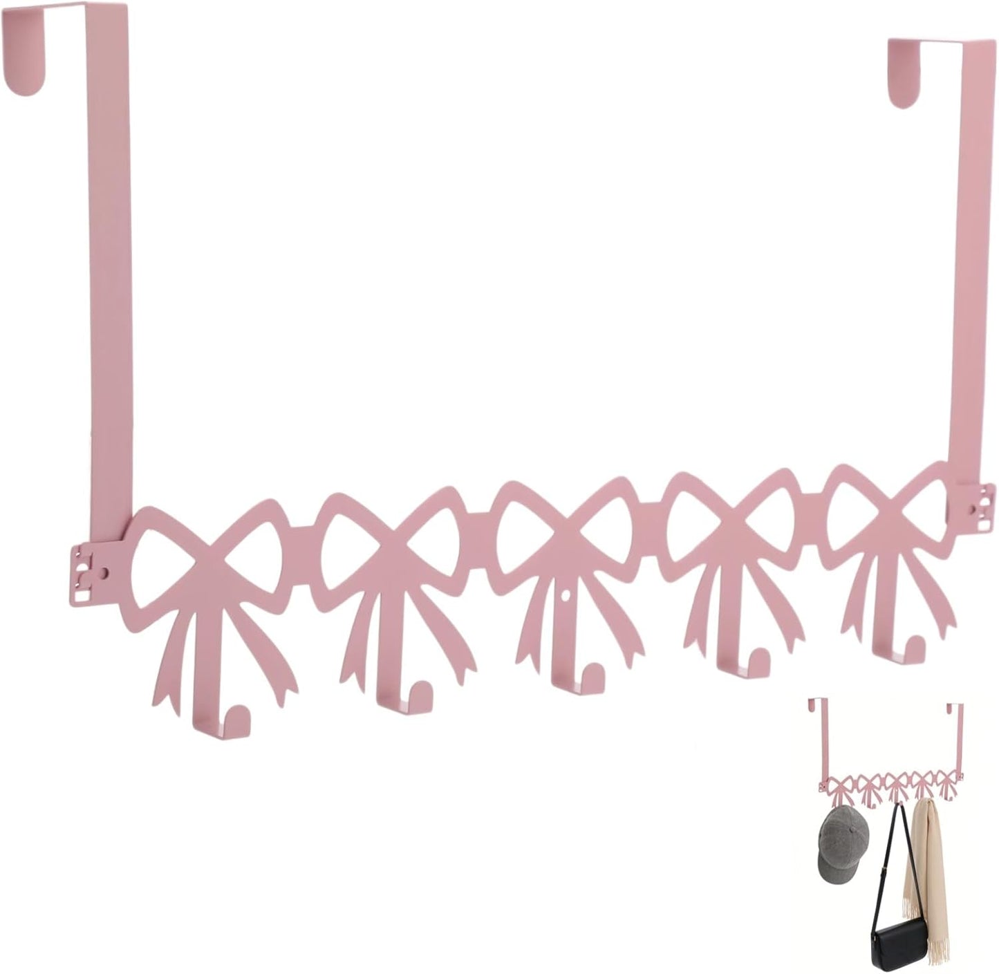ZALIR Pink Bow Over the Door Hooks Hanger, Wall Mount Towel Rack with 5 Hooks, Metal Door Organizer for Towels Hats Clothes, Decorative Farmhouse Coquette Style Hook for Bedroom Bathroom