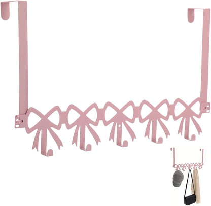 ZALIR Pink Bow Over the Door Hooks Hanger, Wall Mount Towel Rack with 5 Hooks, Metal Door Organizer for Towels Hats Clothes, Decorative Farmhouse Coquette Style Hook for Bedroom Bathroom