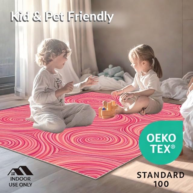 Design&I 4'x6' Easy Clean Abstract Abstract Accent Rug, Peach for Playroom, Bedroom, Reading Nook, Sleek Flatweave Pet Friendly & Non-Slip Built-in Grip Floor Covering | 1967231