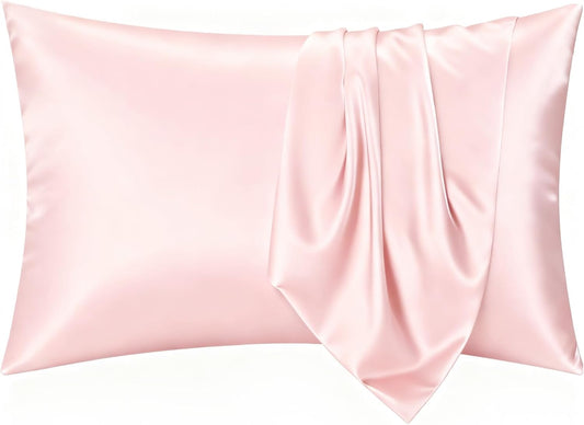 Satin Pillowcase Standard Size 2 Pack, Silky Smooth Pillow Covers for Hair Care and Beauty Sleep Soft Breathable Satin Fabric for Girls Bedroom Apartment Dorm Decor, Pink 20 x 26
