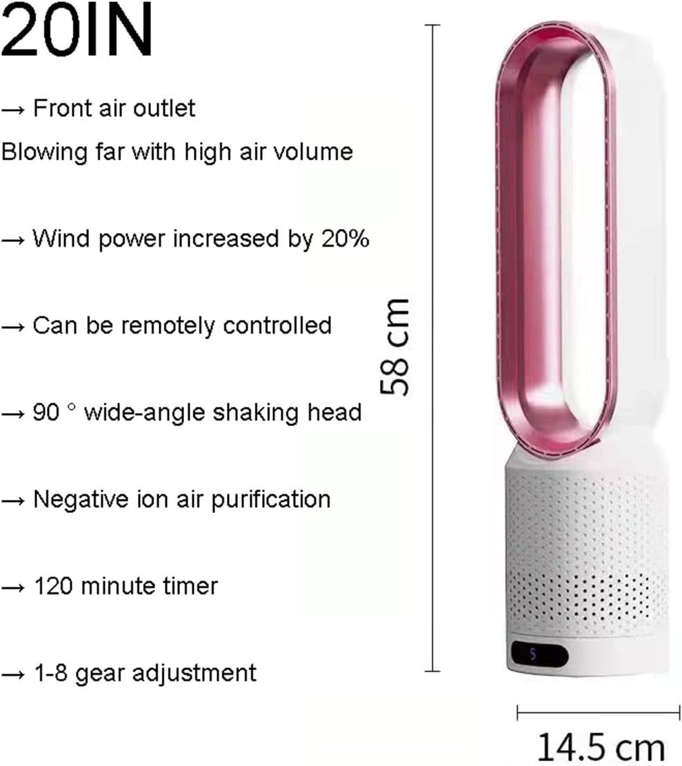 Bladeless Fan, 22" Office Desk Fan Small with Remote, 8 Speeds, 9H Timer, 90° Swing, Quiet Touch Cooling Fans for Bedroom, Home, Office Floor Fans, 30 db Low Noise(Color:Pink)
