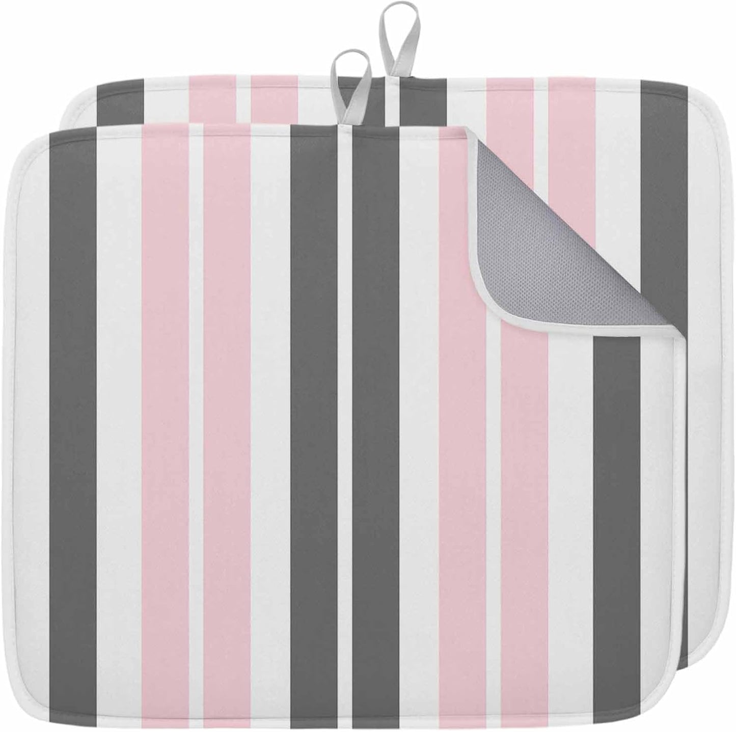 Dish Drying Mat Gray Pink Kitchen Counter Drying Pad for Dishes Glasses Cups and Cookware Stripe Absorbent Dish Drying Mat Machine Washable Kitchen Accessories 2 Pack 16" x 18"
