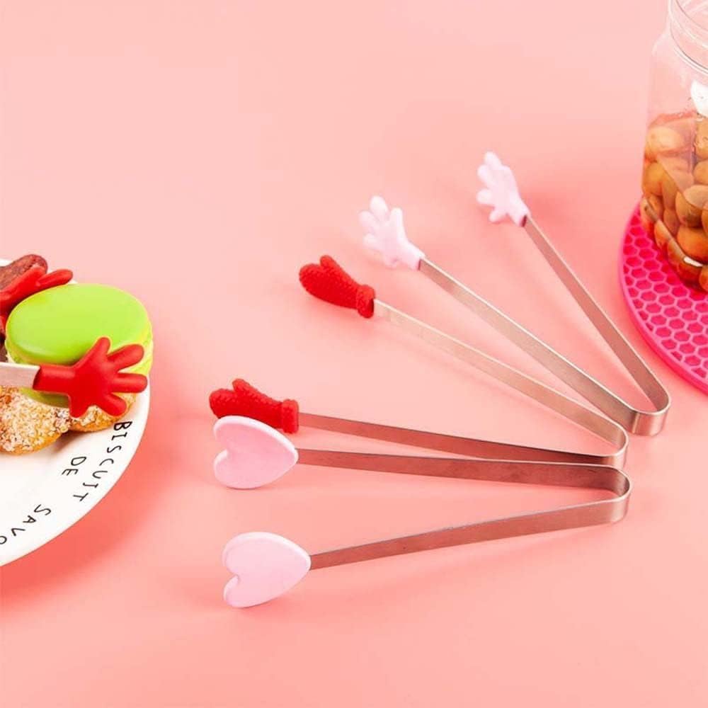 Pink Mini Hand Shape Tong Silicone Food Tongs Stainless Steel Kitchen Tongs Small Kids Tongs for Sugar Cubes, Serving Food, Salad Buffet Home and Kitchen (Heart Shape)