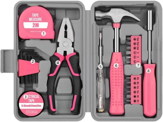 24Pc Tool Kit – Mini DIY Household Set With Bits, Essential Tools For Home Repairs & Projects(Pink)